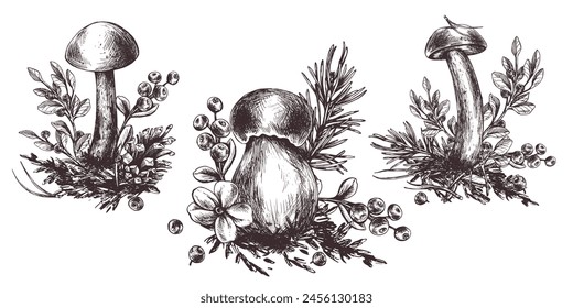 A set of forest mushrooms, boletus, chanterelles and blueberries, lingonberries, twigs, cones, leaves. Graphic illustration hand drawn in black ink. EPS vector.