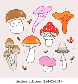 Conjunto de setas del bosque. Chanterelle, Amanita, Shaggy melena, Leccinum y Porcini. Ilustración vectorial aislada en estilo de dibujos animados. Colección de otoño.