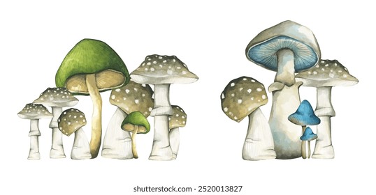 Conjunto de elementos de cogumelos de floresta ilustração aquarela coleção de estilo para design de outono.