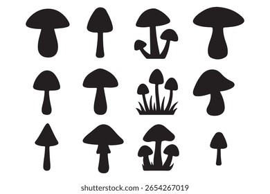 set of forest mushrooms silhouette vector on white background