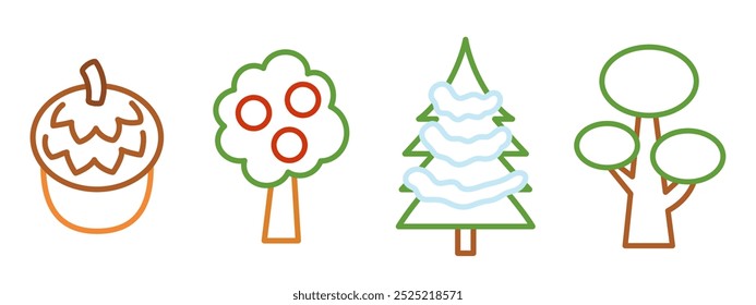 Set of forest objects. Coloring book for children with color thick outline. Apple tree, acorn, Oak, Spruce.