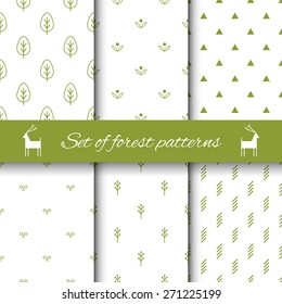 Set of forest patterns. Vector illustration. Green symbols on white Background