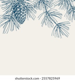 Set of forest pine branches and cones. Hand drawn vector illustration. Blue shade collection.