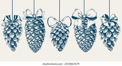 Set of forest pine cones decorated with ribbon bows. Christmas clipart, hand drawn vector illustration.