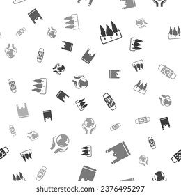 Set Forest, Plastic bag, Medical protective mask and Hands holding Earth globe on seamless pattern. Vector