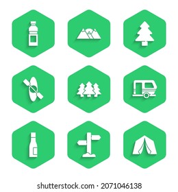 Set Forest, Road traffic signpost, Tourist tent, Rv Camping trailer, Bottle of water, Kayak canoe,  and  icon. Vector