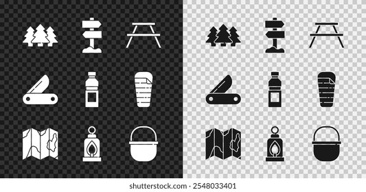 Set Forest, Road traffic signpost, mesa de piquenique com bancos, localização da floresta no mapa, lanterna de acampamento, pote, canivete suíço e ícone de água com garrafa. Vetor