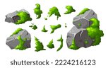 Set forest rock with moss. Gray stone brocken in cartoon. Isolated game elements . Mountain part of natural design shape. Vector illustration on white background.