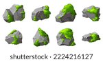 Set forest rock with moss. Gray stone brocken in cartoon. Mountain part of natural design shape. Vector illustration.