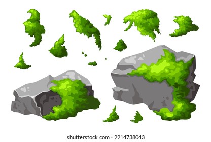 Set forest rock with moss. Gray stone brocken in cartoon. Mountain part of natural design shape. Vector illustration