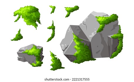 Set forest rock with moss. Gray stone brocken in cartoon. Isolated game elements . Mountain part of natural design shape. Vector illustration on white background.