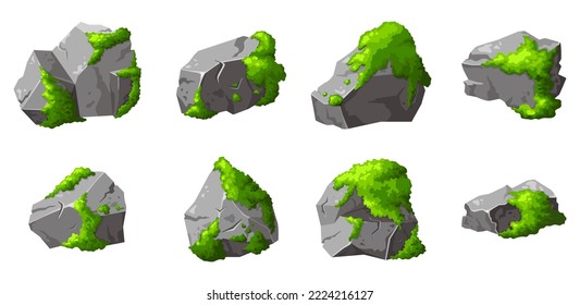 Set forest rock with moss. Gray stone brocken in cartoon. Mountain part of natural design shape. Vector illustration.