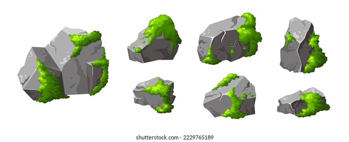 Stein aus dem Wald mit Moos. Grauer Stein in Karikaturen brocken. Gebirgsbestandteil der natürlichen Gestaltungsform. Vektorgrafik