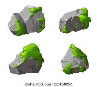 Stein aus dem Wald mit Moos. Grauer Stein in Karikaturen brocken. Gebirgsbestandteil der natürlichen Gestaltungsform. Vektorgrafik.