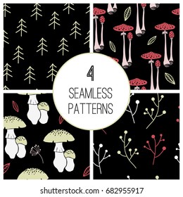Set of forest seamless patterns: branch, leaves, fly agaric mushroom, tree. Simple endless background on black. Sketch style, doodle vector illustration for design, textile, packaging