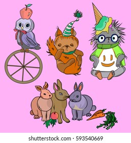 a set of forest small animals: rabbits colorful, sleeping squirrel, an owl sitting on a wheel, a hedgehog with ice cream