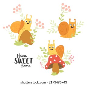 Set of forest snails. Cute snail characters on fly agaric mushroom, on stone, among grass and berries. Home sweet home. Vector illustration. happy snail insects for cards, covers, design, decoration