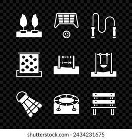 Set Forest, Soccer goal with ball, Jump rope, Badminton shuttlecock, Jumping trampoline, Bench, Climbing wall and Abacus icon. Vector