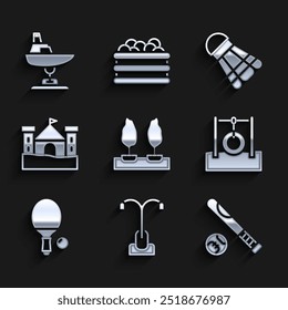 Set Forest, Street light, Baseball bat with ball, Car tire hanging on rope, Racket and, Sand castle, Badminton shuttlecock and Swing boat icon. Vector