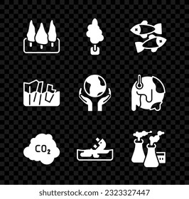 Set Forest, Tree, Dead fish, CO2 emissions in cloud, Wrecked oil tanker ship, Smoke from factory, Glacier melting and Hands holding Earth globe icon. Vector