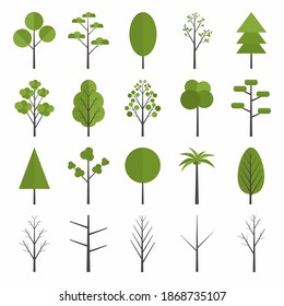 Set of forest tree icon. Pine, spruce, oak, birch, trunk, aspen, alder, poplar, chestnut, palm apple tree. Green summer forest tree concept. Flat forest tree nature plant isolated eco foliage.