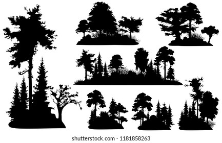 Set of forest tree silhouettes for landscape design, vector illustrations.