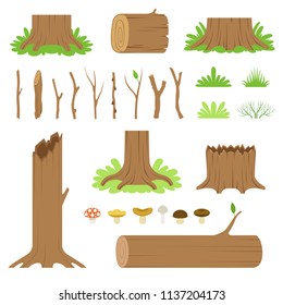 Set of forest tree stumps, logs, sticks, branches, grasses and mushrooms. Vector modern illustration