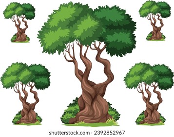 Set of forest trees and bushes, green tall spruce tree, European spruce evergreen coniferous tree, green tall pine tree, white spruce evergreen coniferous tree, green bushes