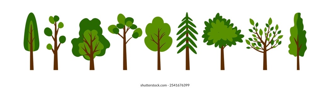 Set of forest trees. Green fruit and wild trees icons. Oak, maple, pine, spruce. Vector