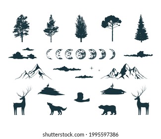 Set of forest trees, mountains, crescent moon, clouds, dear, wolf, bear, eagle, hut silhouettes. 