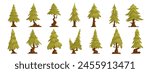 Set of forest trees pine, green tall spruce, European spruce, evergreen conifer. Interesting shaped pine tree
