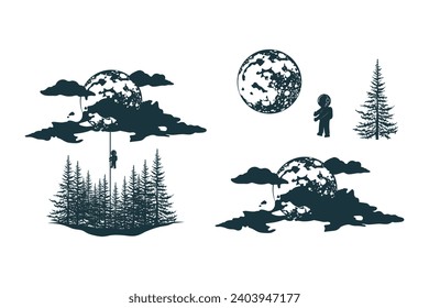 Set of forest trees, pine silhouettes , mountains, crescent moon, clouds. Vector isolated prints for label or tattoo.