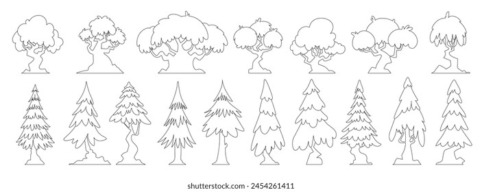 Set of forest trees of various interesting shapes, icons of sow, spruce, small and large trees.