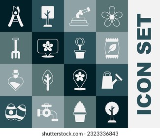 Set Forest, Watering can, Fertilizer bag, Garden hose, Location with flower, rake, Gardening handmade scissors and Flower tulip pot icon. Vector