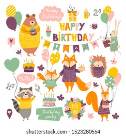 Set with forest wild animals in cartoon style and design elements (balloons, cakes, candles, lettering, garland, gifts) for birthday greeting cards and invitations. Vector illustration
