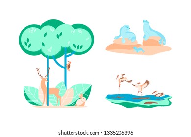 Set with Forest and wild animals in flat design. Concept isolated on white background. Vector illustration eps 10