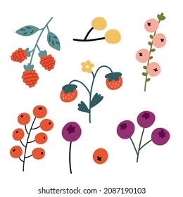 Set forest wild berries strawberries, raspberries, cowberries elements in vector naive art illustration