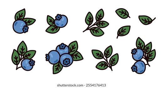 Set of forest wild blueberry. Botanical clipart sweet blue berries huckleberry, green leaves. Summer floral vector collection