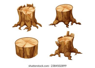 Set forest wooden stump tree trunk with roots, cut section in cartoon style isolated. Plant detailed