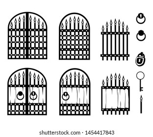 Set of forged gate silhouettes. Vector illustration on white background.