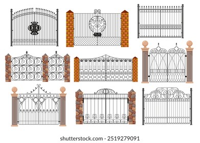Conjunto de portões forjados em desenho animado plano. Um portão de ferro forjado ricamente decorado, retratado em vários estilos, flanqueado por pilares de tijolos e pedras. Ilustração vetorial.
