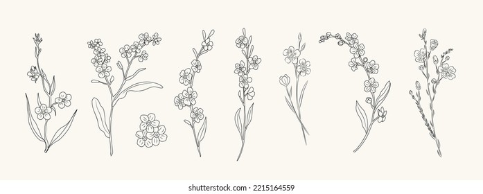 Set of Forget me not flower line art vector illustrations. Myosotis monochrome hand drawn black ink sketch isolated on white background. Modern minimalist design for tattoo, jewelry, logo, packaging.