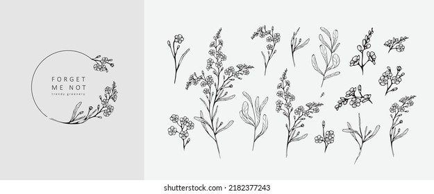 Set of forget me not flowers and logo. Trendy botanical elements. Hand drawn line leaves branches and blooming. Wedding elegant wildflowers for invitation save the date card. Vector trendy greenery