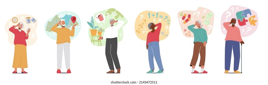 Set of Forgetful Elderly People with Alzheimer Disease. Troubled Worried Old People, Senior Characters Think, Confused Grandfather, Grandmother Forget and Trying Remember. Cartoon Vector Illustration