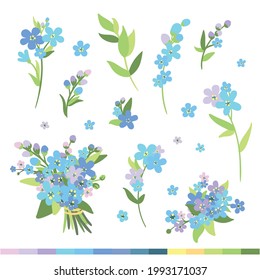 Set of Forget-me-not flowers isolated on the white background. Cute blue spring flowers. Decorative elements for your creatives and designs. Set of floral elements to create compositions.