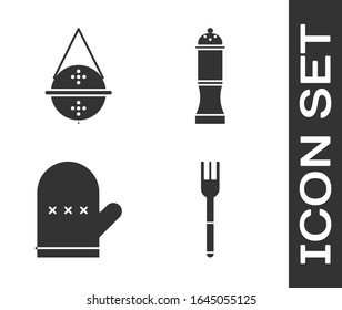 Set Fork, Ball tea strainer, Oven glove and Pepper icon. Vector