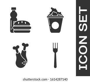 Set Fork, Bottle of water and burger, Chicken leg and Popcorn in cardboard box icon. Vector