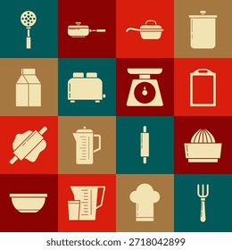 Tenedor, exprimidor de frutas cítricas, tabla de cortar, sartén, tostadora con tostadas, paquete de papel para la leche, espátula y escamas icono. Vector