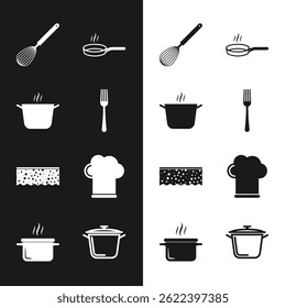 Set Fork, Cooking pot, Kitchen whisk, Frying pan, Sponge with bubbles, Chef hat,  and  icon. Vector