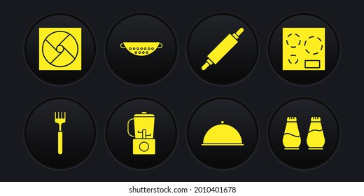 Fijar la horquilla, la estufa eléctrica, la ampolla, cubierta con bandeja, rodillo, colador de cocina, pimienta de sal e icono de ventilación. Vector